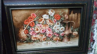 تابلو فرش دستباف سبد گل چله ابریشم. گل ابریشم  اندازه ۹۰*۷۰