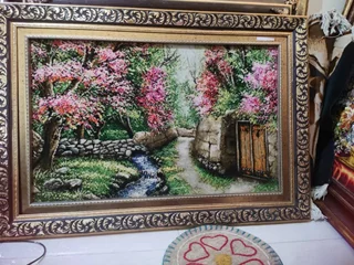 تابلو فرش دستباف تبریز  نام اثر کوچه باغ بهاری  اندازه ۹۰/۷۰ چله نخ گل ابریشم